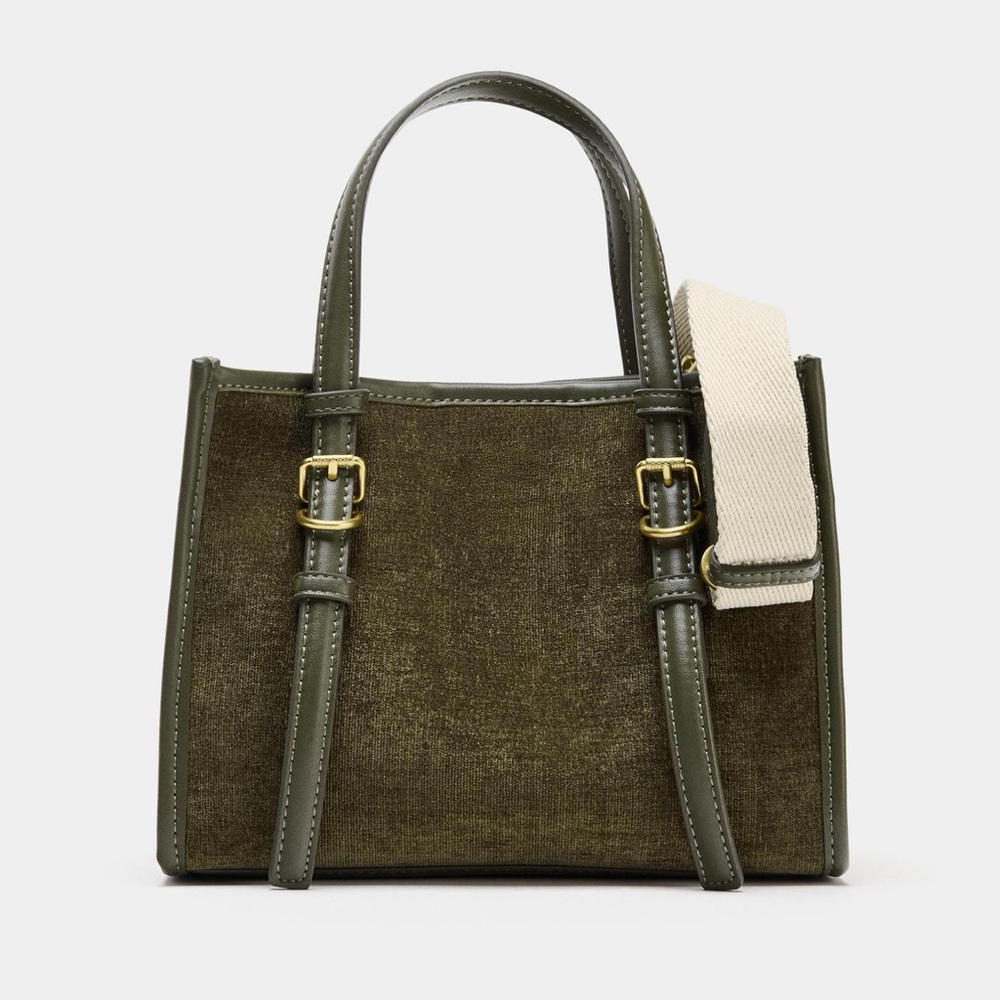 Zara Olive Green Structured Top-Handle Tote with Cream Strap
